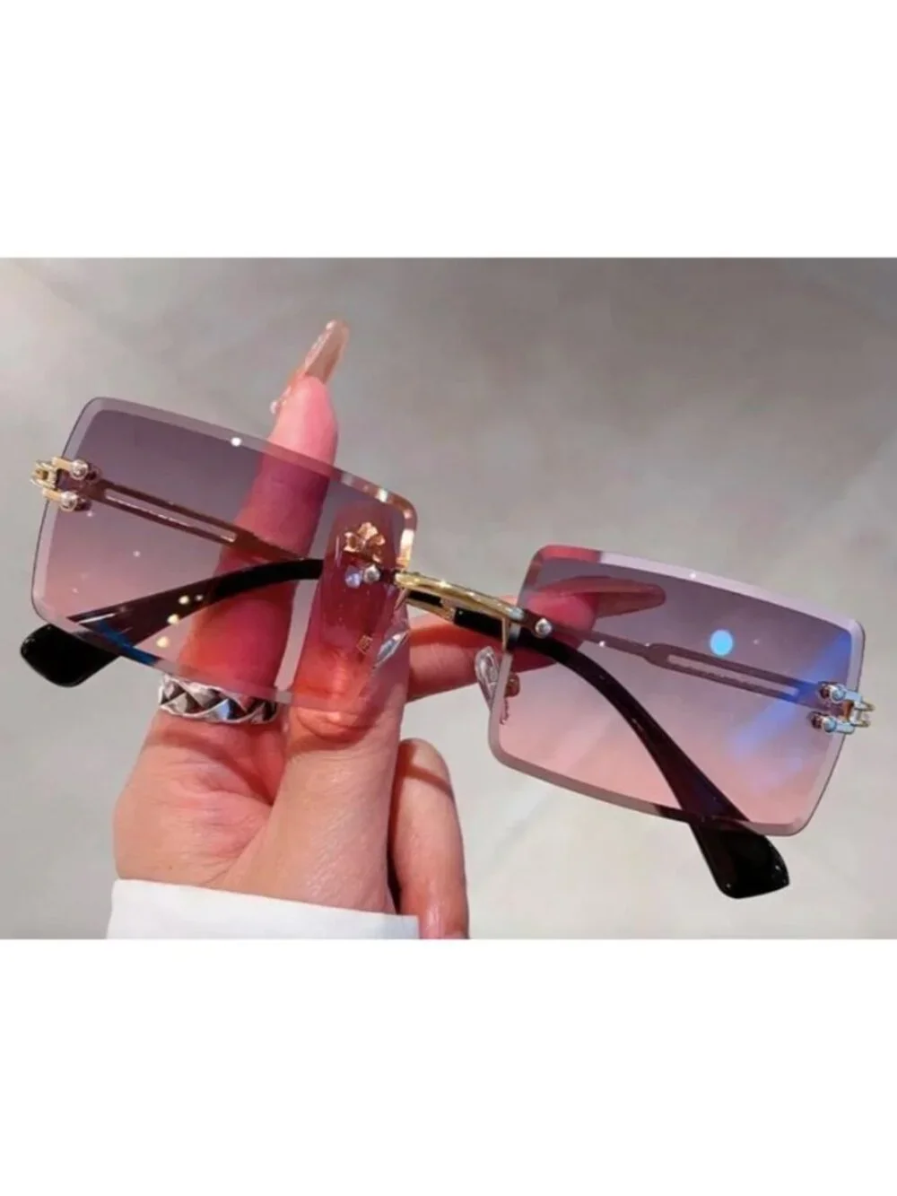 Rimless Rectangle Sunglasses Grey Pink Gradient Lenses Gold Tone Frame Y2K Retro